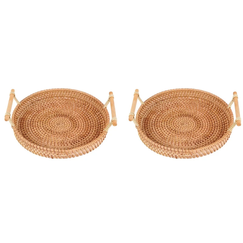 

2X Rattan Bread Basket Round Woven Tea Tray With Handles For Serving Dinner Parties Coffee Breakfast (8.7 Inches)