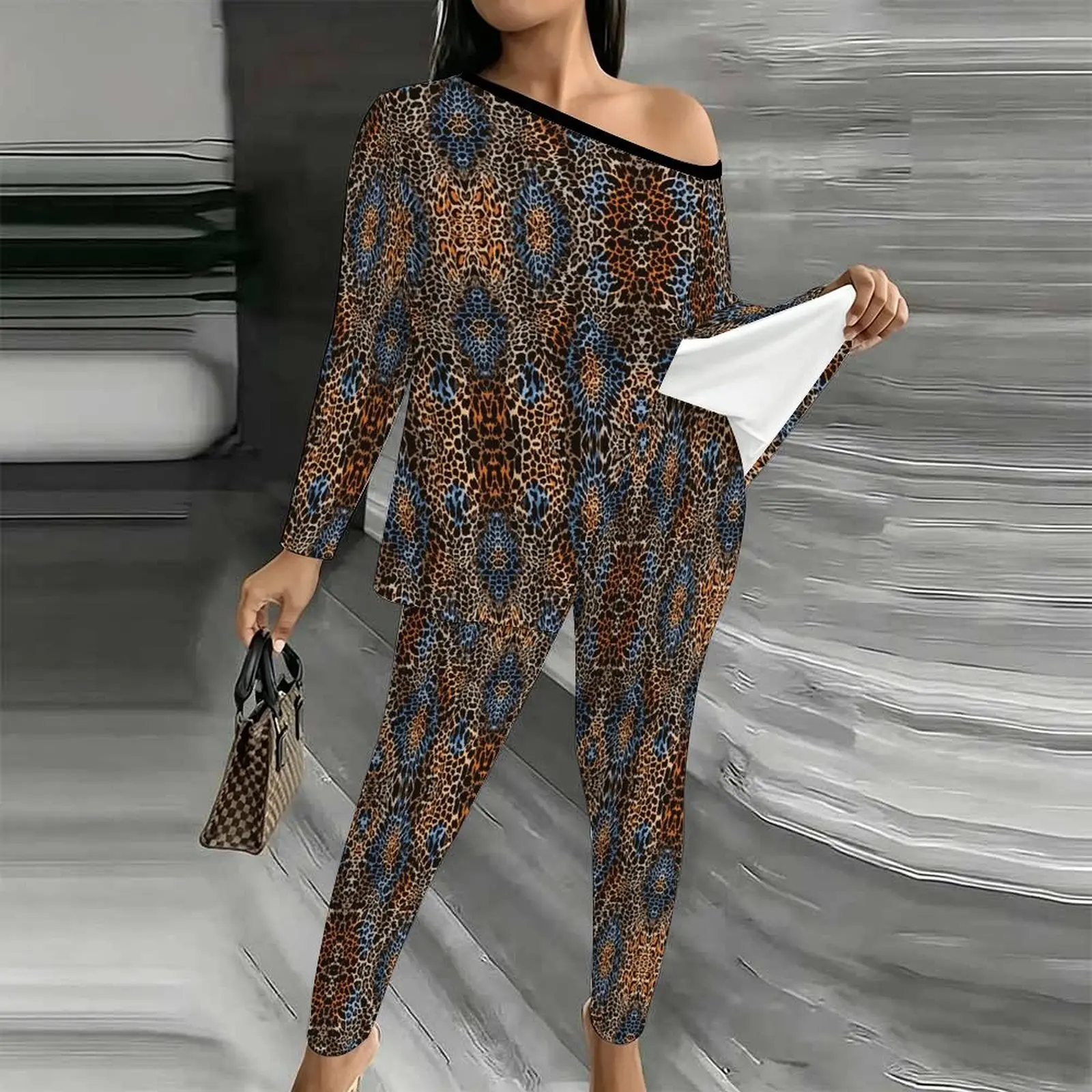Off Shoulder T-shirt Autumn Elegant Two-piece Set Fashion Printed Jogging Pants Winter Women's Diagonal Collar Long Sleeved