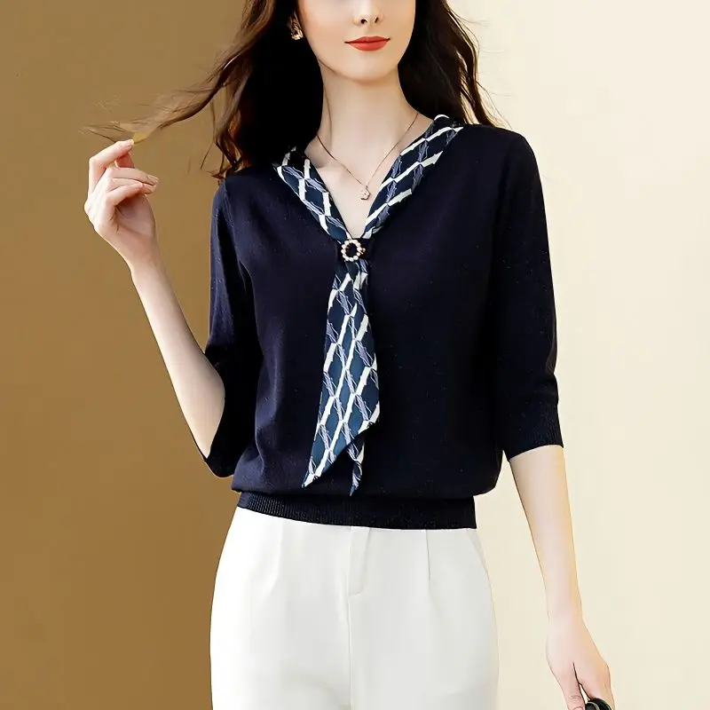 Casual Drawstring Beading Knitted Shirt Spring Autumn Long Sleeve Female Clothing Stylish Sequined Korean V-Neck Loose Blouse