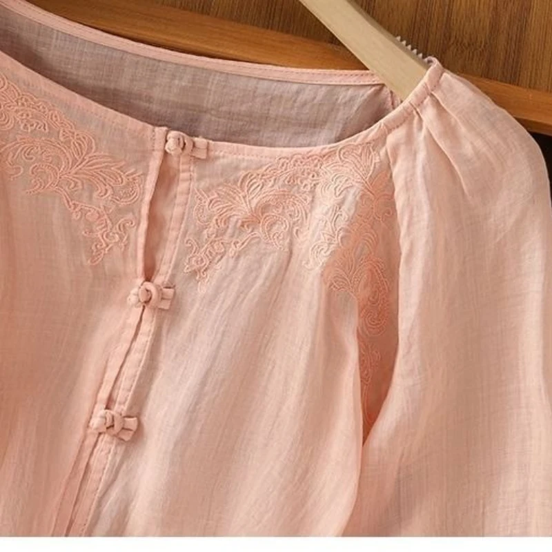 Summer Cotton Linen Women's Blouse Loose Button Tee O-Neck Thin Shirt Three-quarter Sleeve Top Solid Retro Chinese Tea Clothing