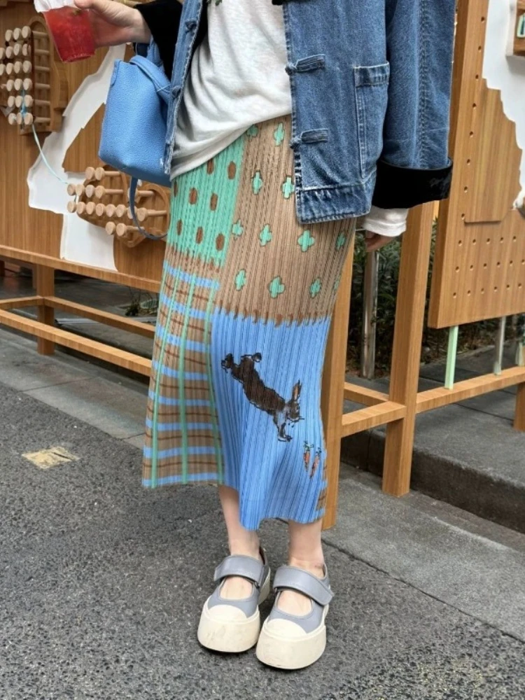 2026 Summer New Goth Skirt Elasticity High Waist Wrinkle Skirts for Women Retro A-shaped Back Slit Straight Women Skirt