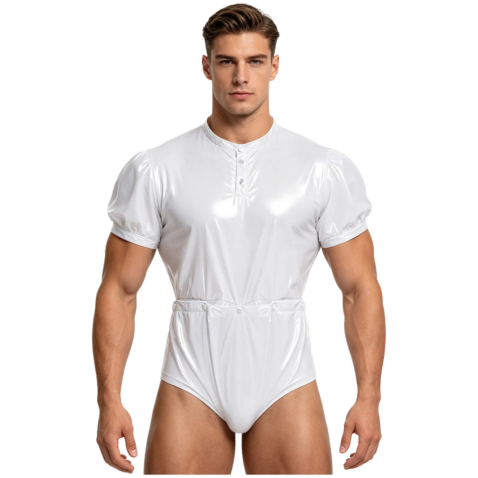 

Swimwea Mens Glossy Waterproof Bodysuit Diaper Cover Romper Short Sleeve Jumpsuit Adaptive Short Sleeve Buttoned Waist Bottoms