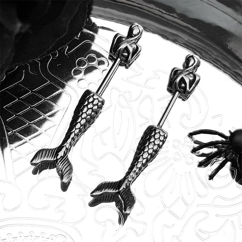 

A Single Gothic Punk Mermaid Industrial Barbell Earrings For Women Men Stainless Steel Silver Color Piercing Body Jewelry Gift