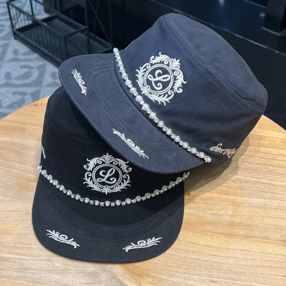 Baseball Cap Flat Brim Vintage Retro Cotton Pearl Rhinestone Embroidery Hat for Men Women Streetwear Camping