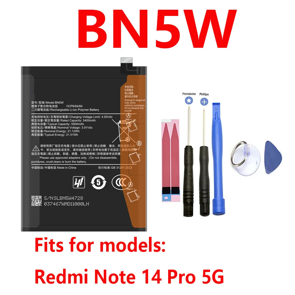 2026 year  BN5W 5500mah  For Xiaomi Redmi Note 14 Pro 24090 RA29C 24090 RA29I Replacement Mobile Phone Battery