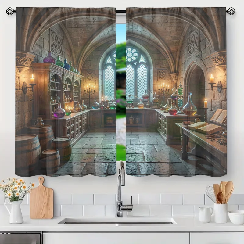Gothic Cathedral Window Curtains Fantasy Medieval Stone Arch Interior Design Drape Romanesque Library Vintage Home Decor Filtere