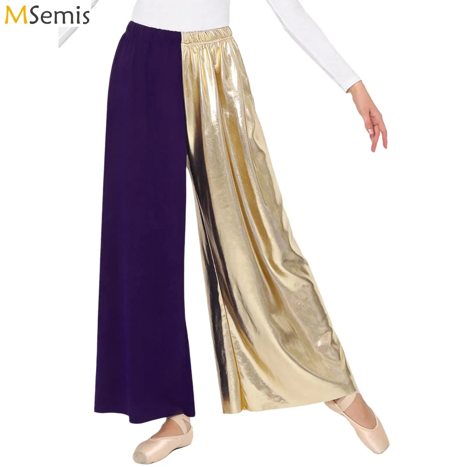 

Womens Liturgical Lyrical Dance Trousers Metallic Shiny Worship Choir Costume Wide Leg Elastic Waistband Long Pants Dancewear