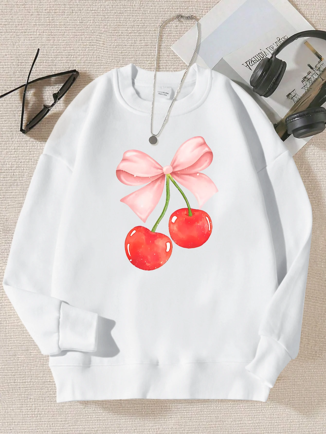 Pink Bow Cherry Design  Printing Sweatshirt Women Harajuku Casual Pullovers Fashion Hip Hop Hoody Autumn Fur-Liner Woman Clothes