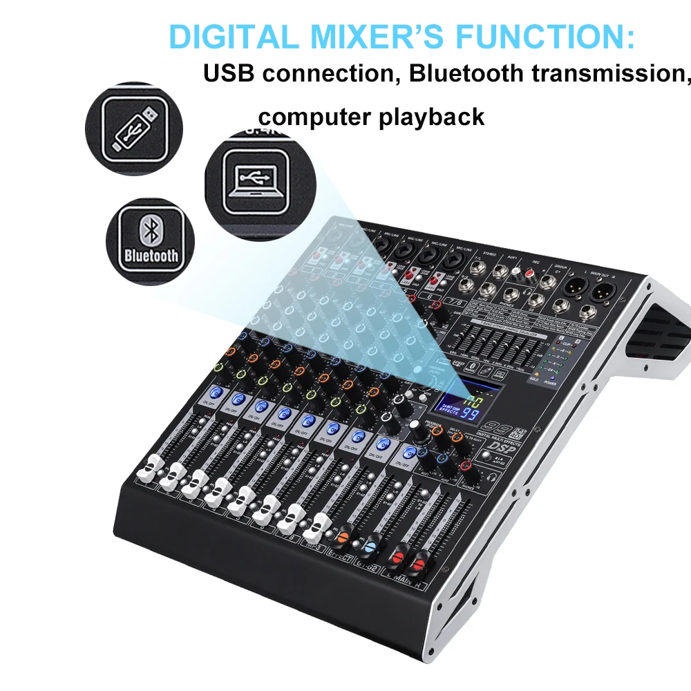 Shenndare – DX mélangeur Audio professionnel, 6/8 canaux, son DJ, enregistrement USB, Console de mixage numérique 99 DSP, scène