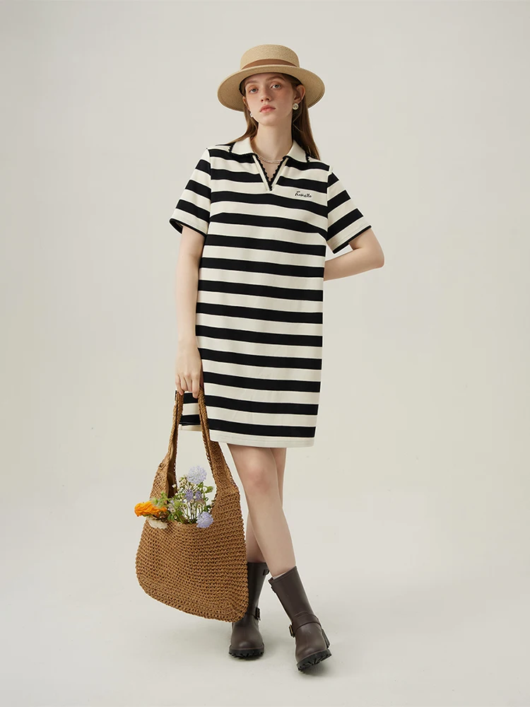 

FSLE Polo Collar Striped Casual Loose Shirt Dress For Female 2024 Summer New Straight Versatile Women Cool Dress 24FS12231