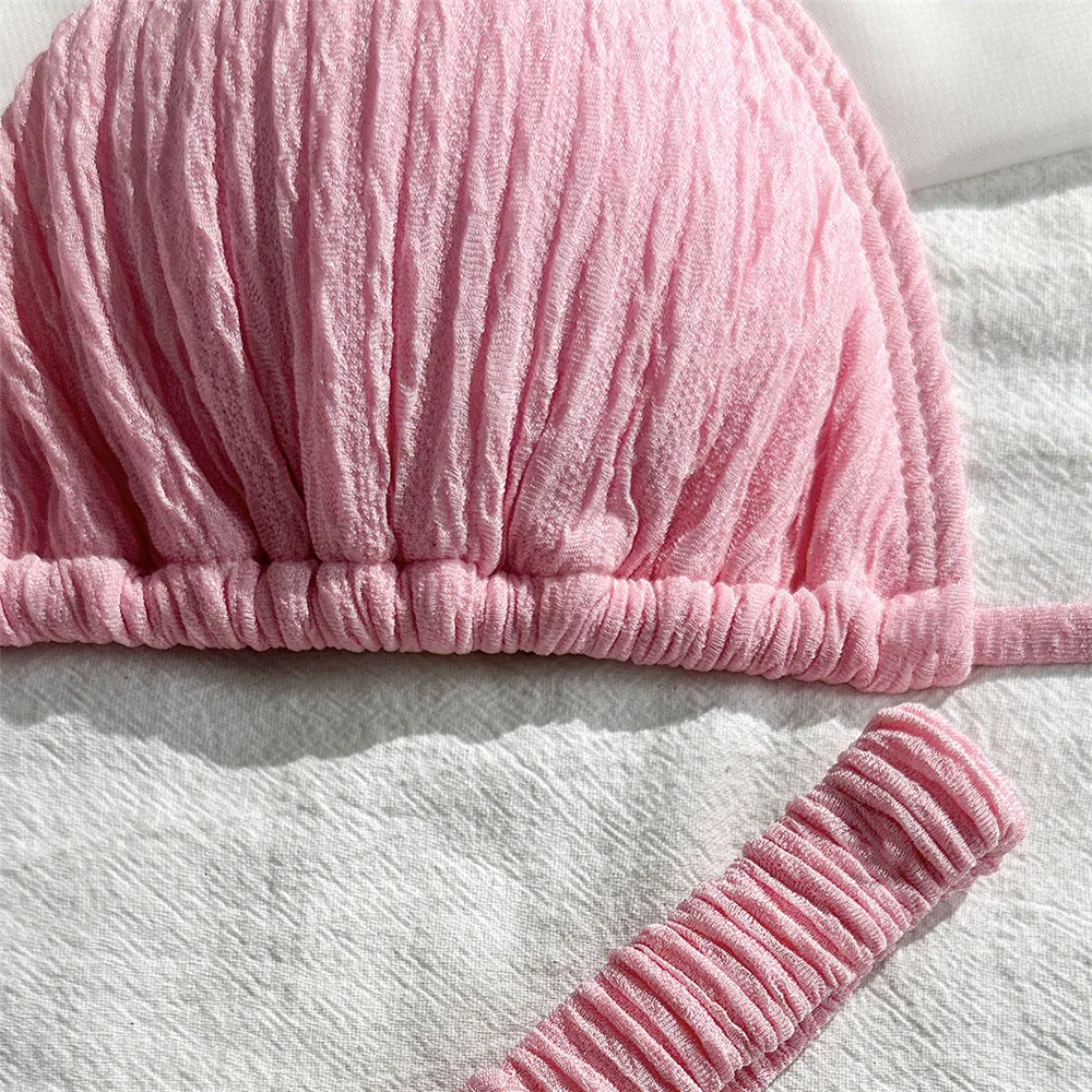 Trajes de baño de color rosa liso, conjunto de microbikini con cordón triangular y cuello Halter, traje de baño para Mujer 2026, Bikinis brasileños para Mujer