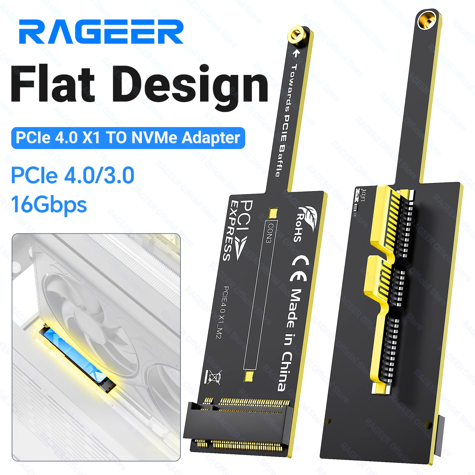 Image of RAGEER PCIe 4.0 X1 zu NVMe Erweiterungskarte 16Gbps Flaches, Hindernisfreies Mini-Design für M.2 2280 SSD PCIe X1/X4/X8/X16 Steckplätze