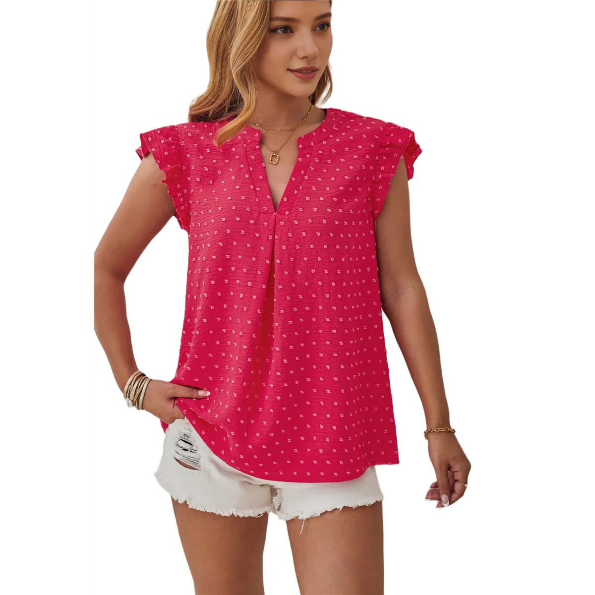 

Womens Blouse V Neck Ruffle Sleeve Flowy Shirts Dressy Casual Cute Summer Tops Rose Red M