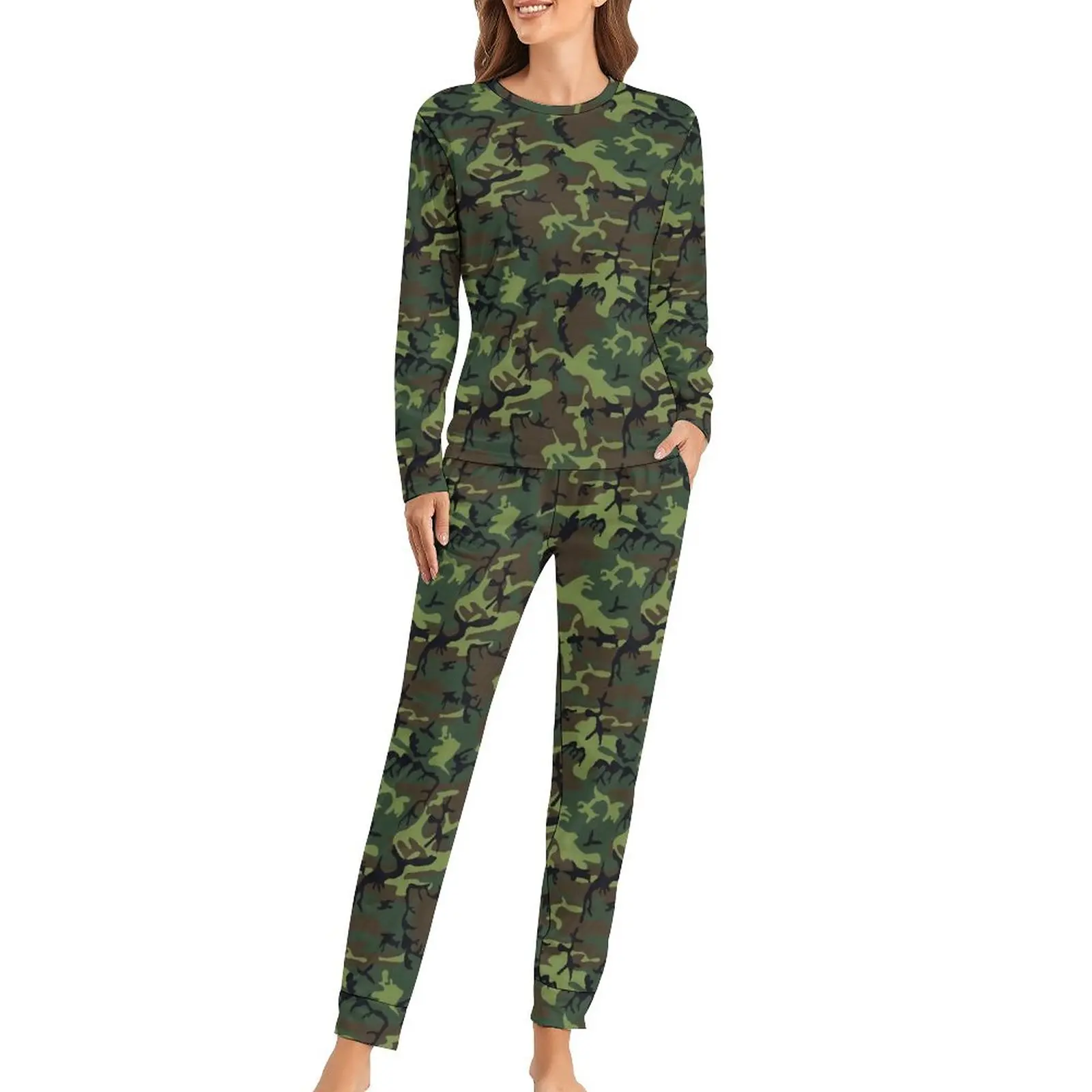 Military Camo Pajamas Women Green Camouflage Warm Nightwear Autumn 2 Pieces Home Oversized Pajama Sets