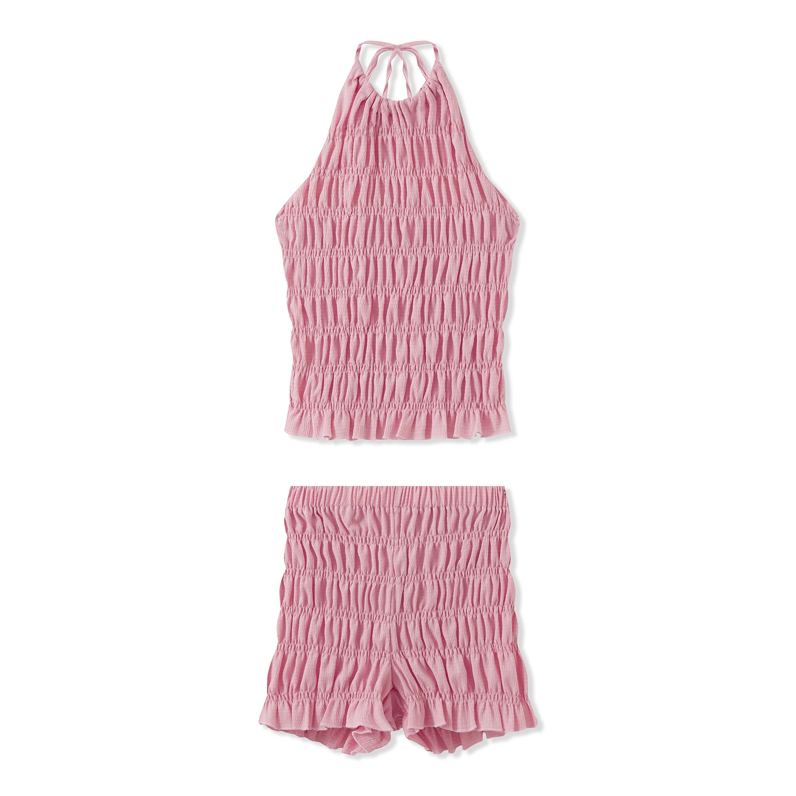 New Womens Shorts Sets Summer Solid Color Plaid Smocked Halter Neck Sleeveless Crop Tops With Ruffled Shorts 2 Pcs Outfits