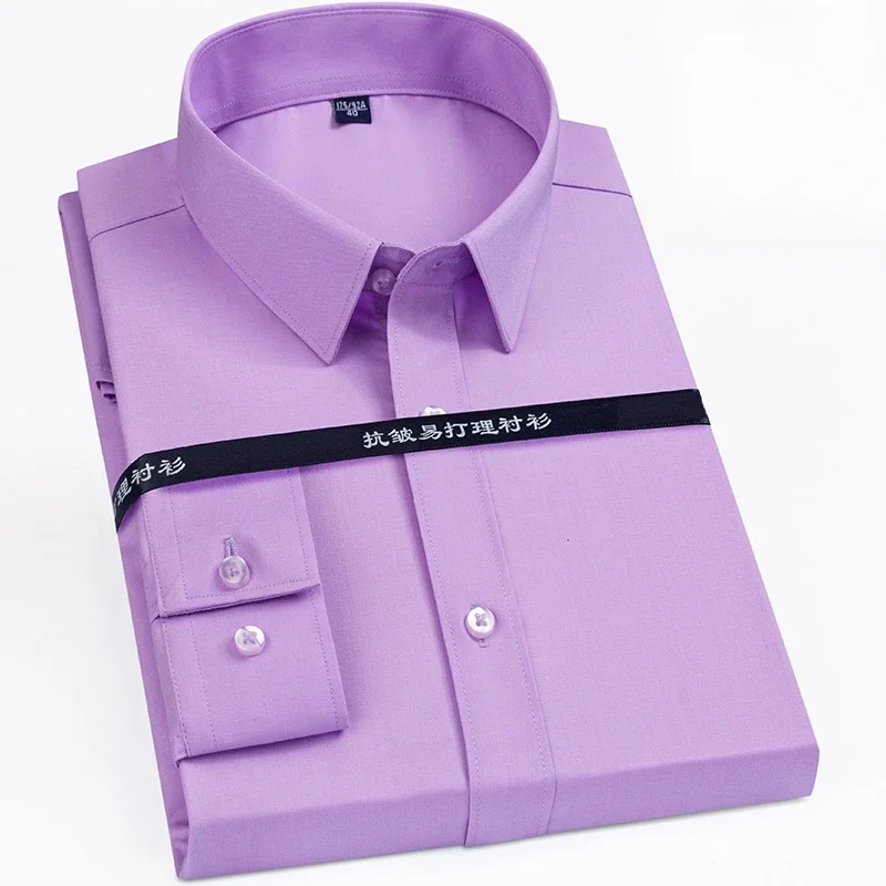 New in shirt plus size 8XLelastic long-sleeve shirts for men slim fit formal plain shirt wrinkle free business Purple clothes