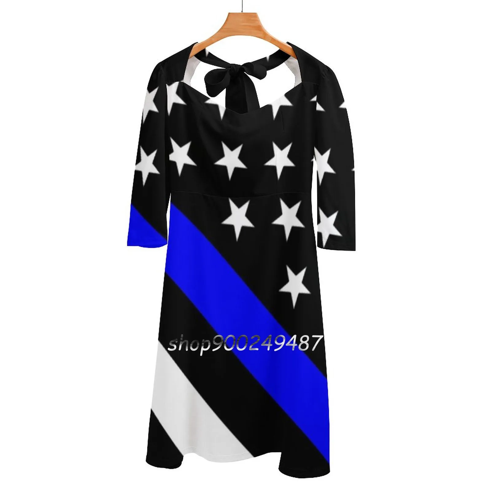 Police : Black Flag & The Thin Blue Line Square Neck Dress Cute Loose Print Dresses Elegant Beach Party Dress Black Blue Career