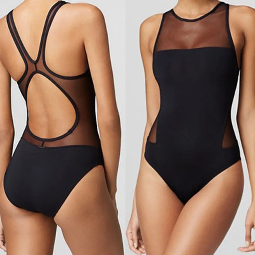 Mesh Patchwork One Piece Swimwear Solid Color Monokini Swimsuit Padded Push Up Biquini Beach Bathing Suit Maio Feminino Praia