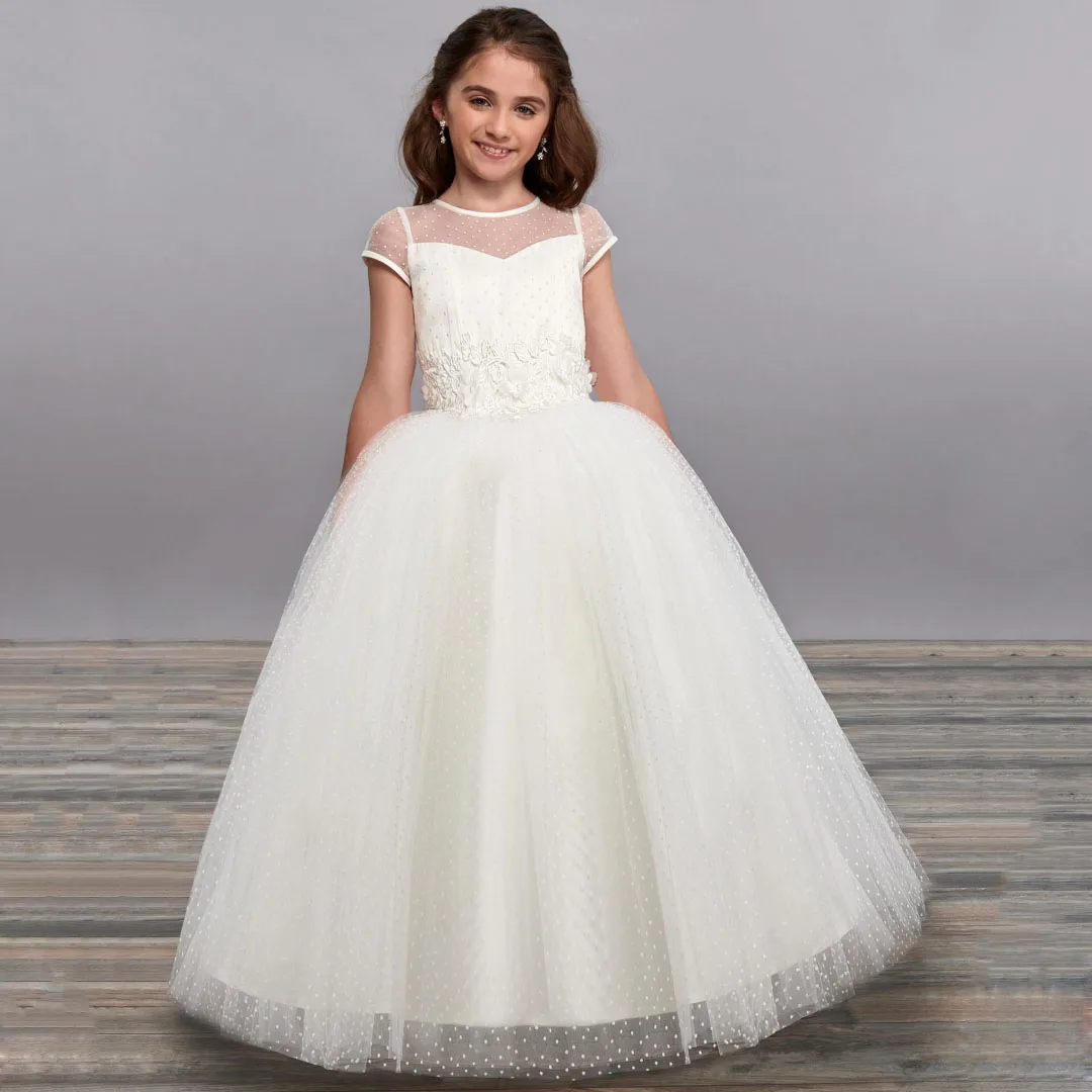 Customized Flower Girl Dresses White Appliques Polka Dot Short Sleeve For Wedding Birthday Party Prom Holy Communion Ball Gown