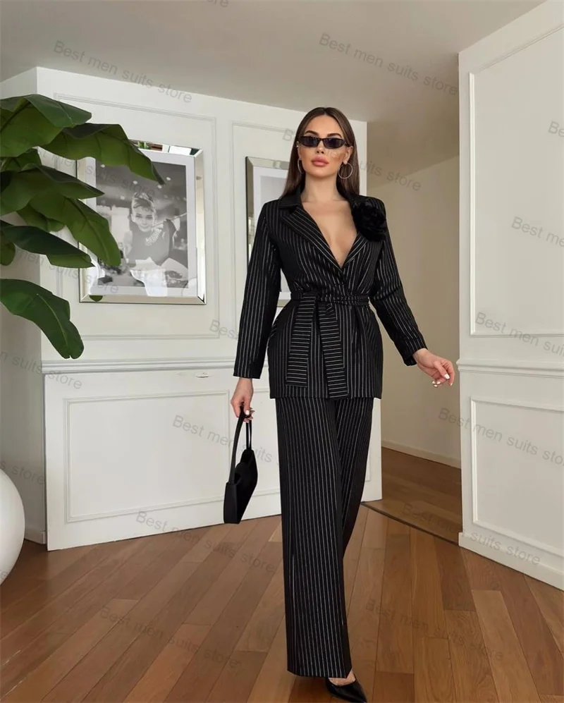 

Black Pinstripe Women Suit Set 2 Piece Blazer+Pants 3D Flower Formal Office Lady Jacket With Belt Wedding Prom Dress Coat Custom