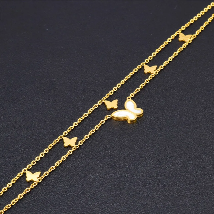316L Stainless Steel New Fashion High-end Jewelry 2 Layer Embed Natural Shells Welding Butterfly Charm Chain Anklet For Women