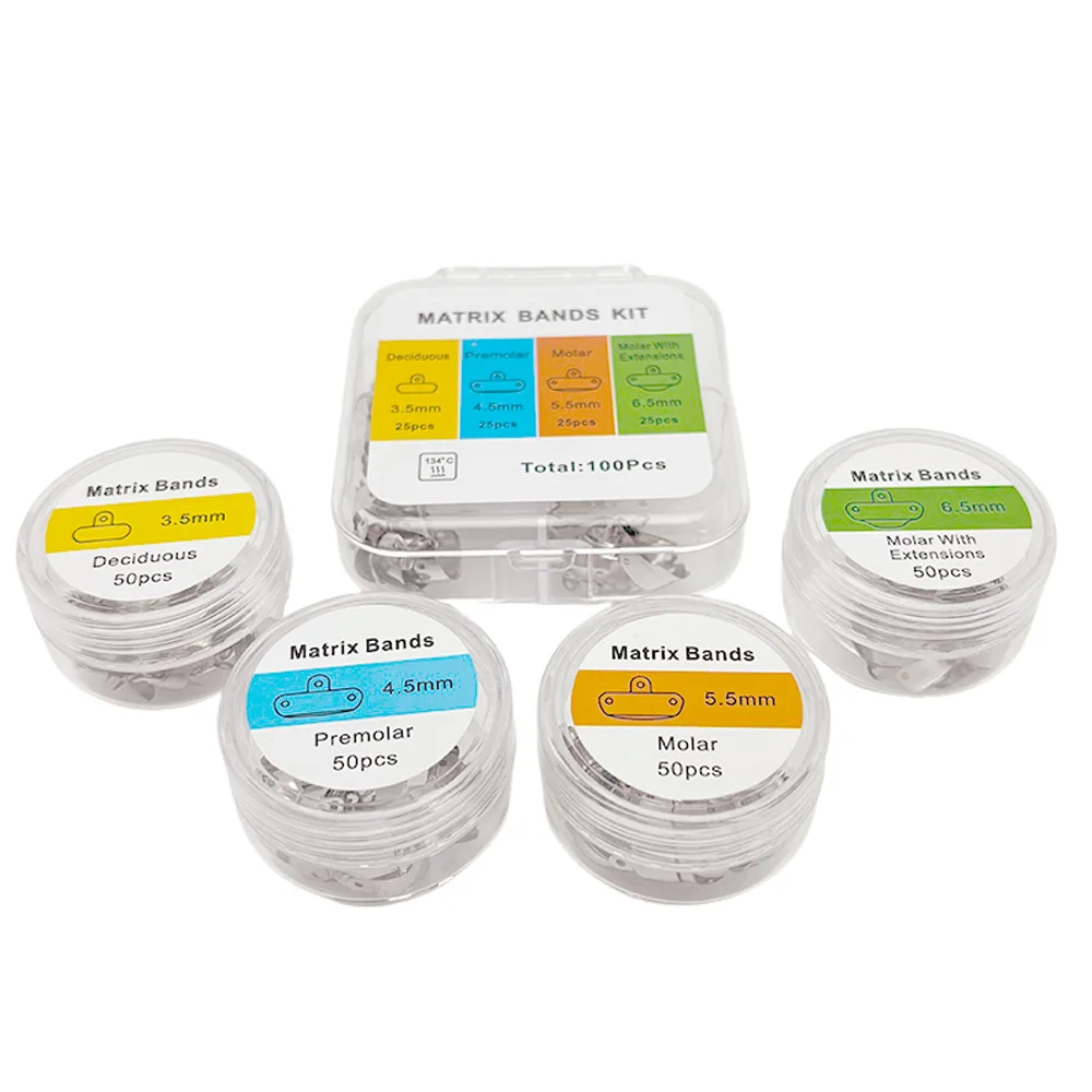 แถบเมทริกซ์ทันตกรรมแบบแบ่งส่วน เมทริกซ์โลหะแบบโค้ง 3.5 ถึง 6.5 มม. สำหรับการฟื้นฟูฟัน เครื่องมือทันตกรรมขนาดต่างๆ