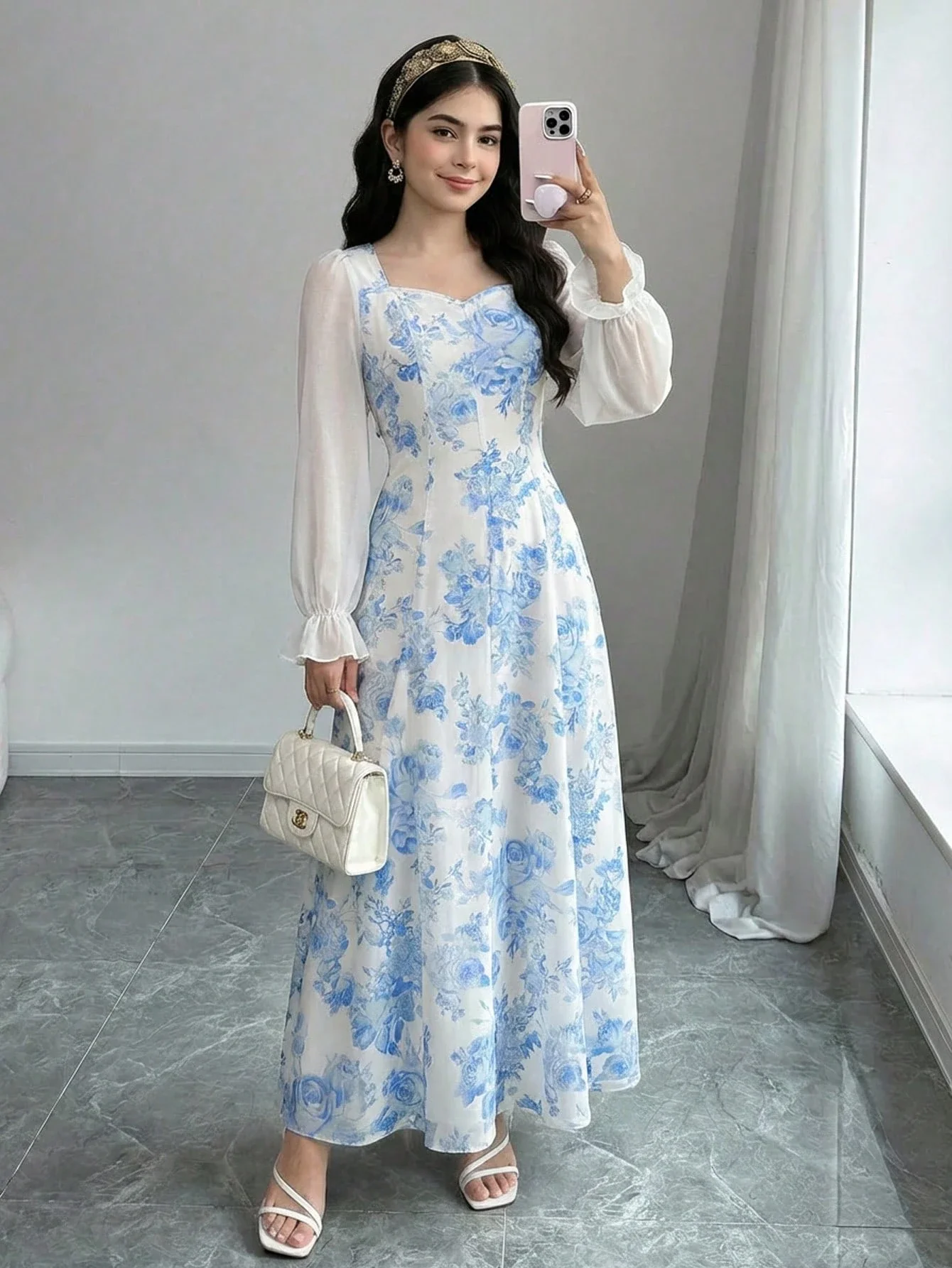

Blue Floral Print Chiffon Long Sleeve Maxi Dress For Women