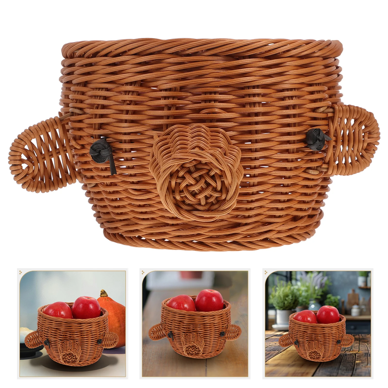 

Pig Head Fruit Basket Table Tray Trays Decorative Sturdy Serving with Handles Rattan Storage Small Round