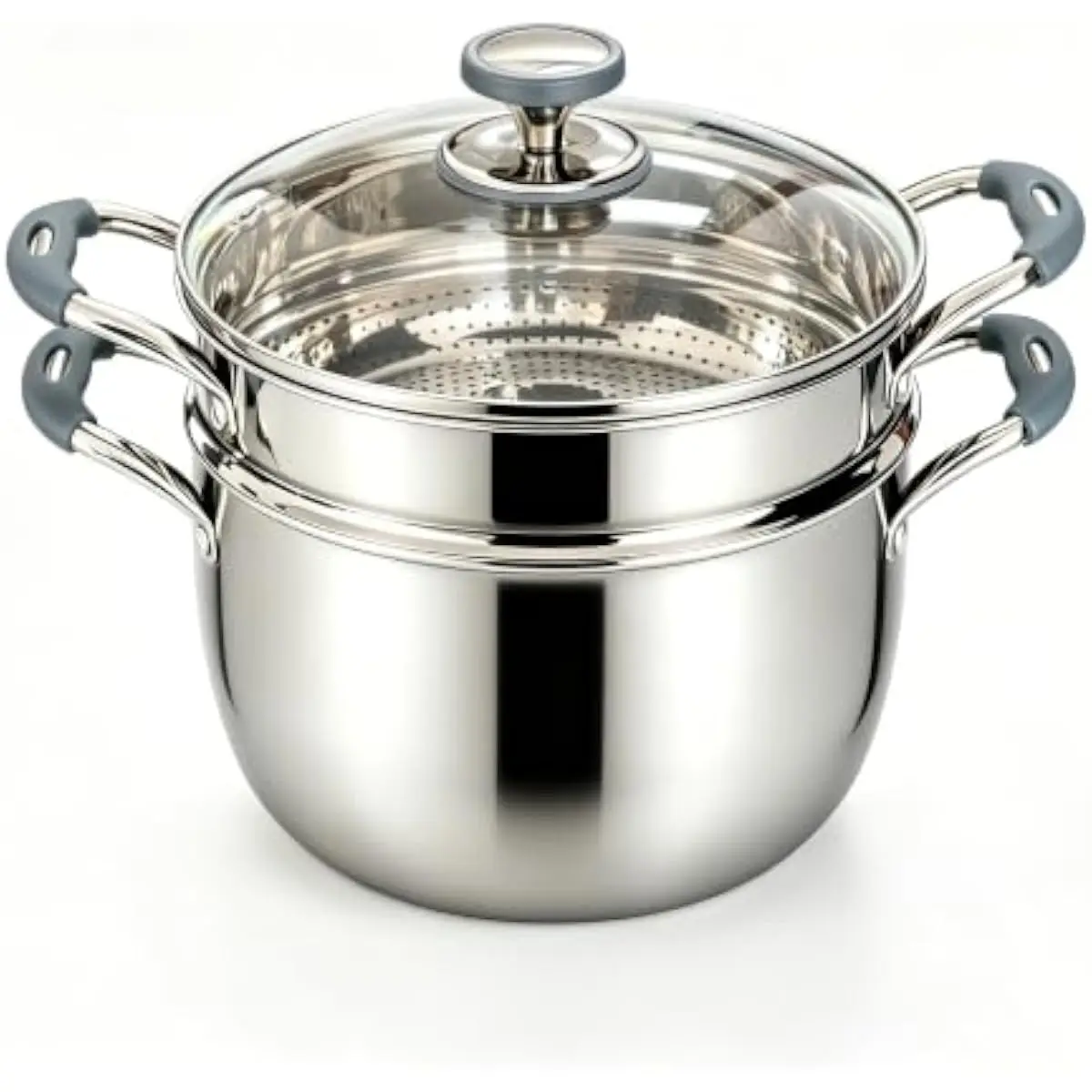 6.2 quart stainless steel steamer pot with vented tempered glass lid and detachable two-tier basket for even heating versatile c