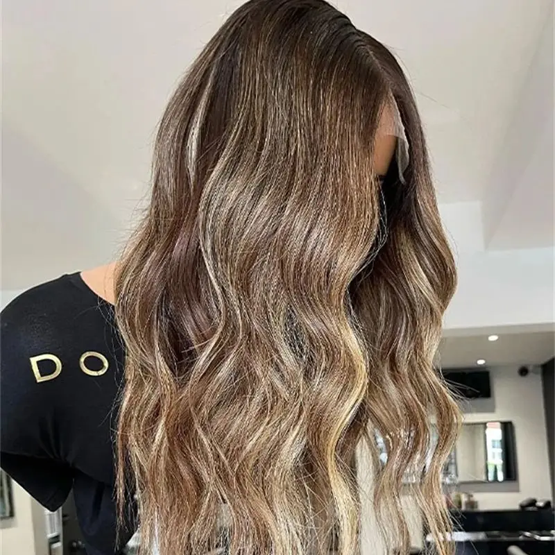 

High Quality Ombre Honey Blonde Brown Brunette Synthetic Lace Front Wig Human Hair Blend Middle Part Lace Front Wig Daily Wear