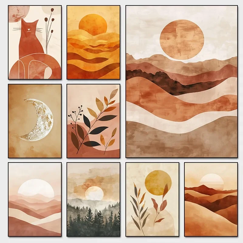 1PC Minimalist Boho Neutral Nature Wall Art Prints Abstract Landscape Ocean Forest Mountain Botanical Sunrise Sunset Decor fo