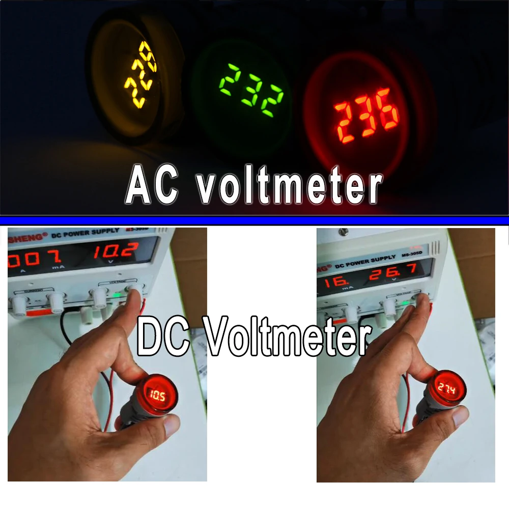 1PC 22MM DC5-60V or AC60-500V LED Voltmeter Voltage Meter Indicator Pilot Light Red Yellow Green White Blue MINI Digital Meter