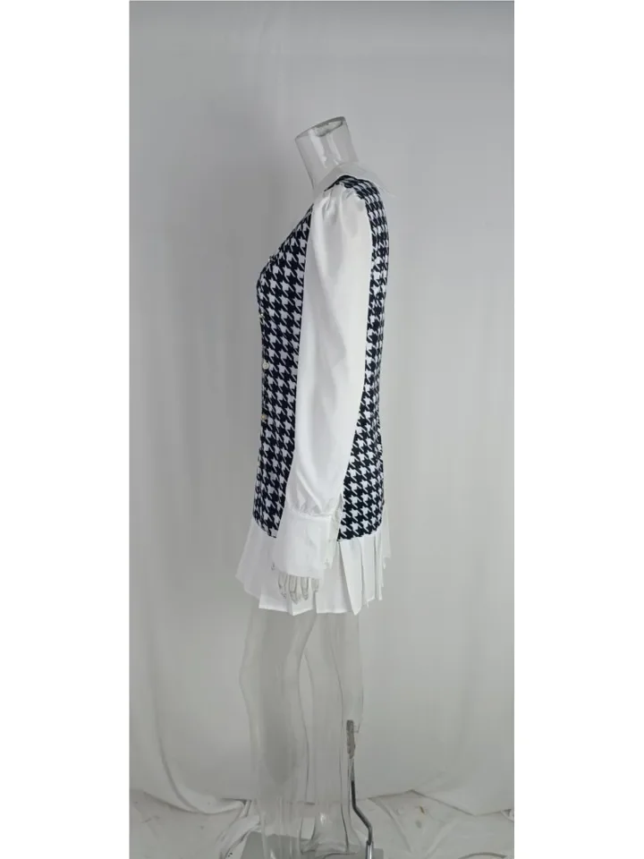 Fashion Splicing Women's High Waisted Mini Skirt 2023 Autumn New Women's Button Elegant Shirt Collar Thick Pleated Women's Dress