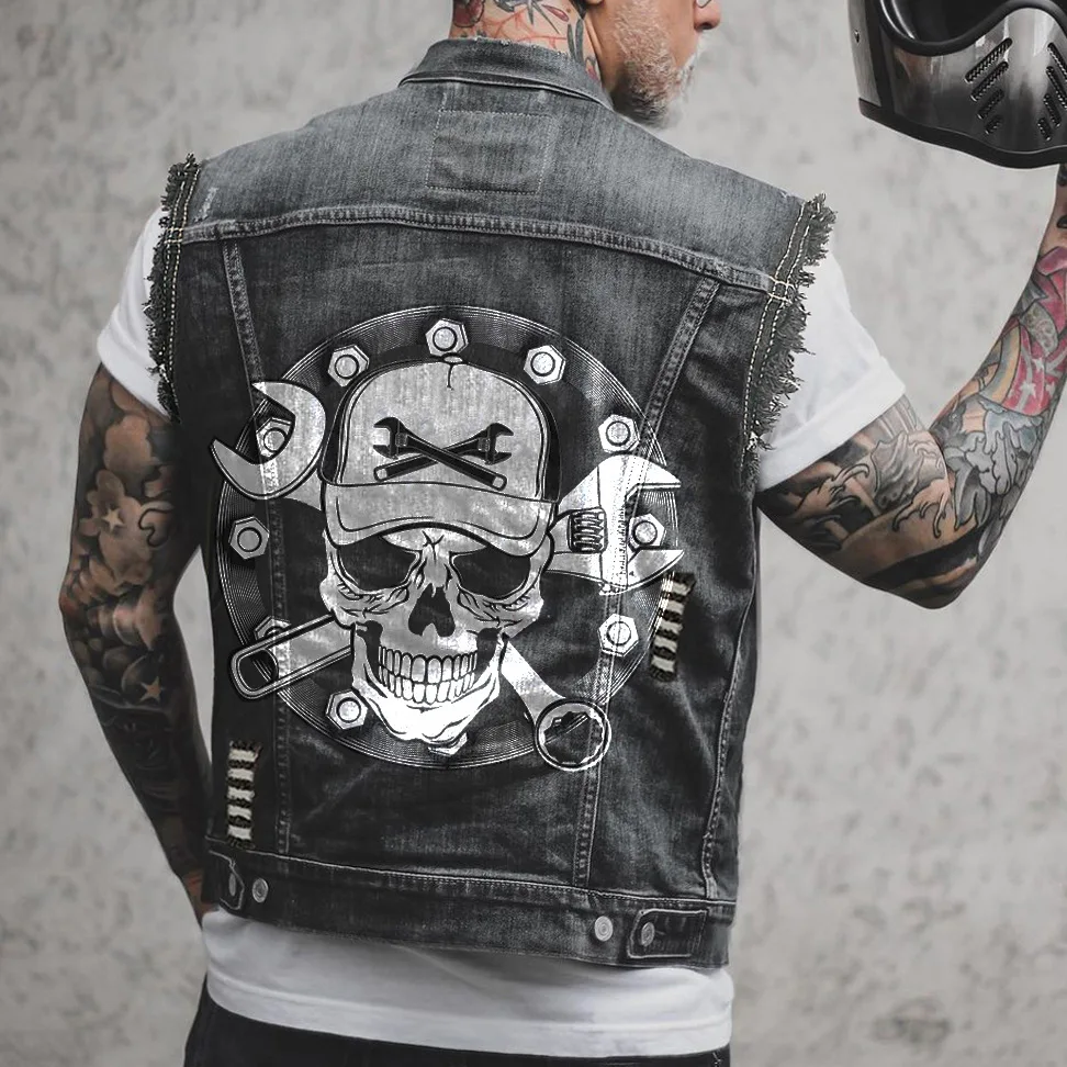 Men\'s Denim Vest 2024 New Skull Print Top Men\'s Tank Top Ropa Hombre Gym Clothing Men Denim Vest Motorcycle Vest Oversized S-6XL