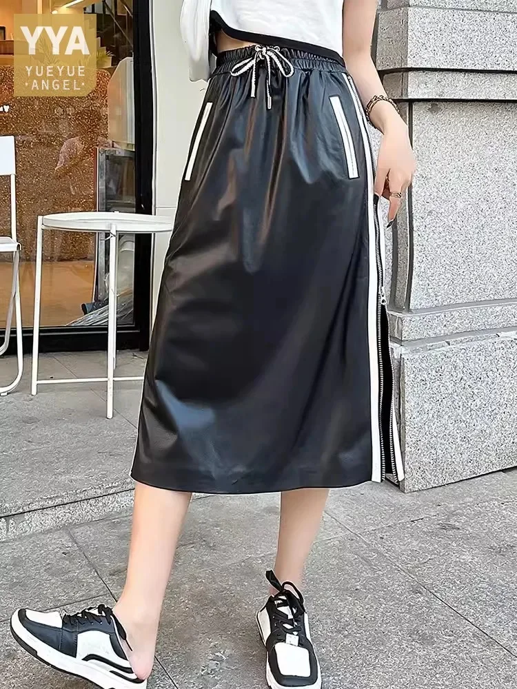 

New Fashion Women Mid Calf Long Side Striped Zipper Split Skirt Slim Fit Elastic Waist Sheepskin Genuine Leather Straight