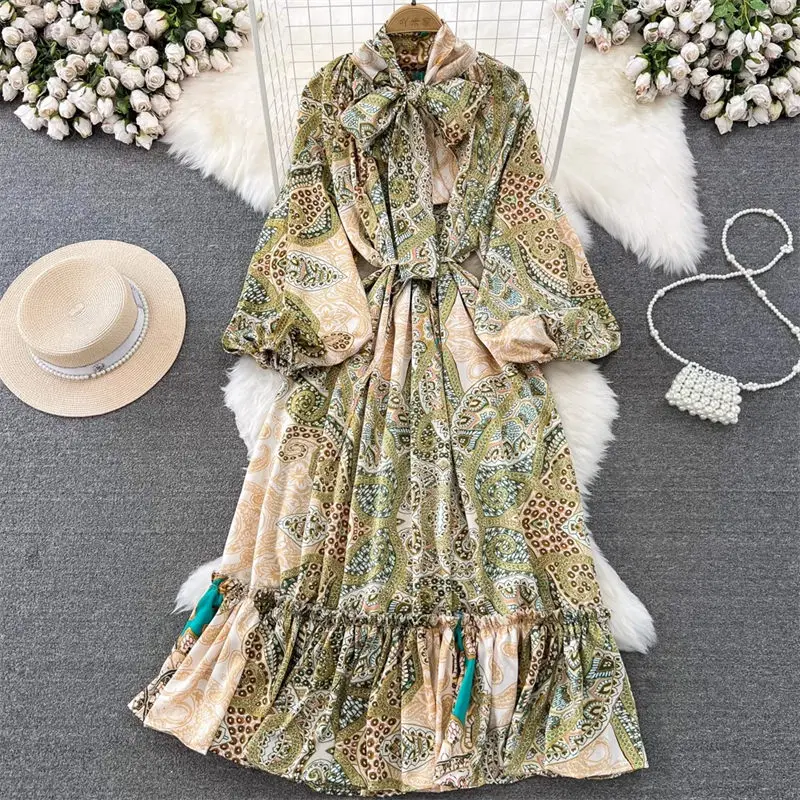 Light Mature Style Elegant Maxi Dress Women Retro Temperament Lantern Long Sleeve Bow Tie Waist Up A-Line Printed Dress Z2716