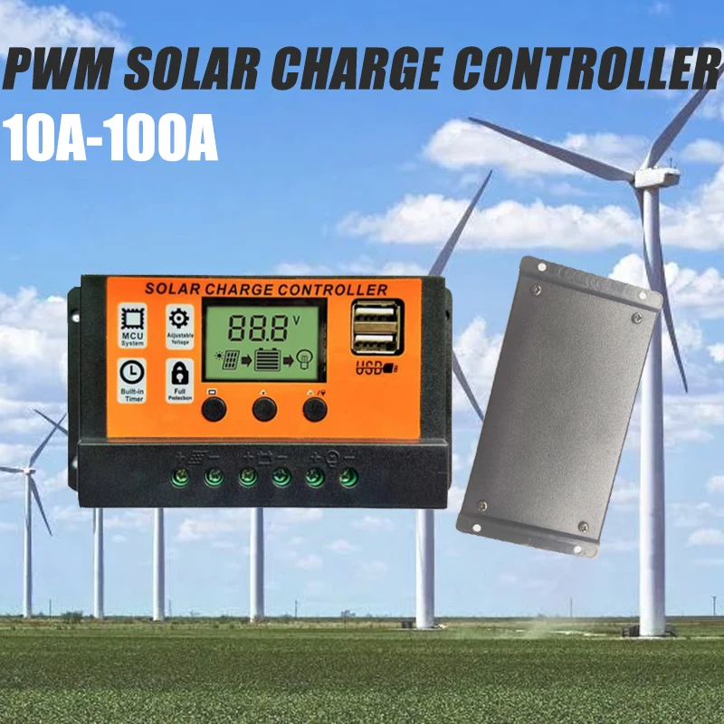 China Factory 10A-100A 12V 24V Auto Solar Charge Controller PWM Controllers LCD Dual USB 5V Output Solar Panel PV Regulator