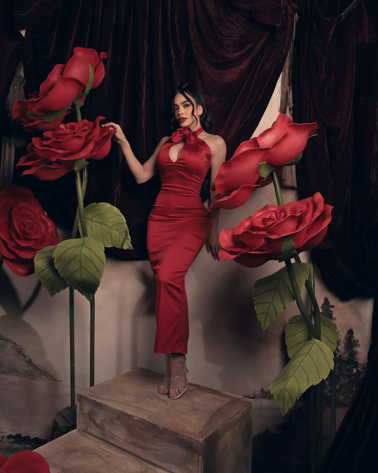 

Customized Sexy Satin Straight 3D Flowers Evening Dress Fashion Sleeveless Halter Ankle Length فستان سهرة نسائي