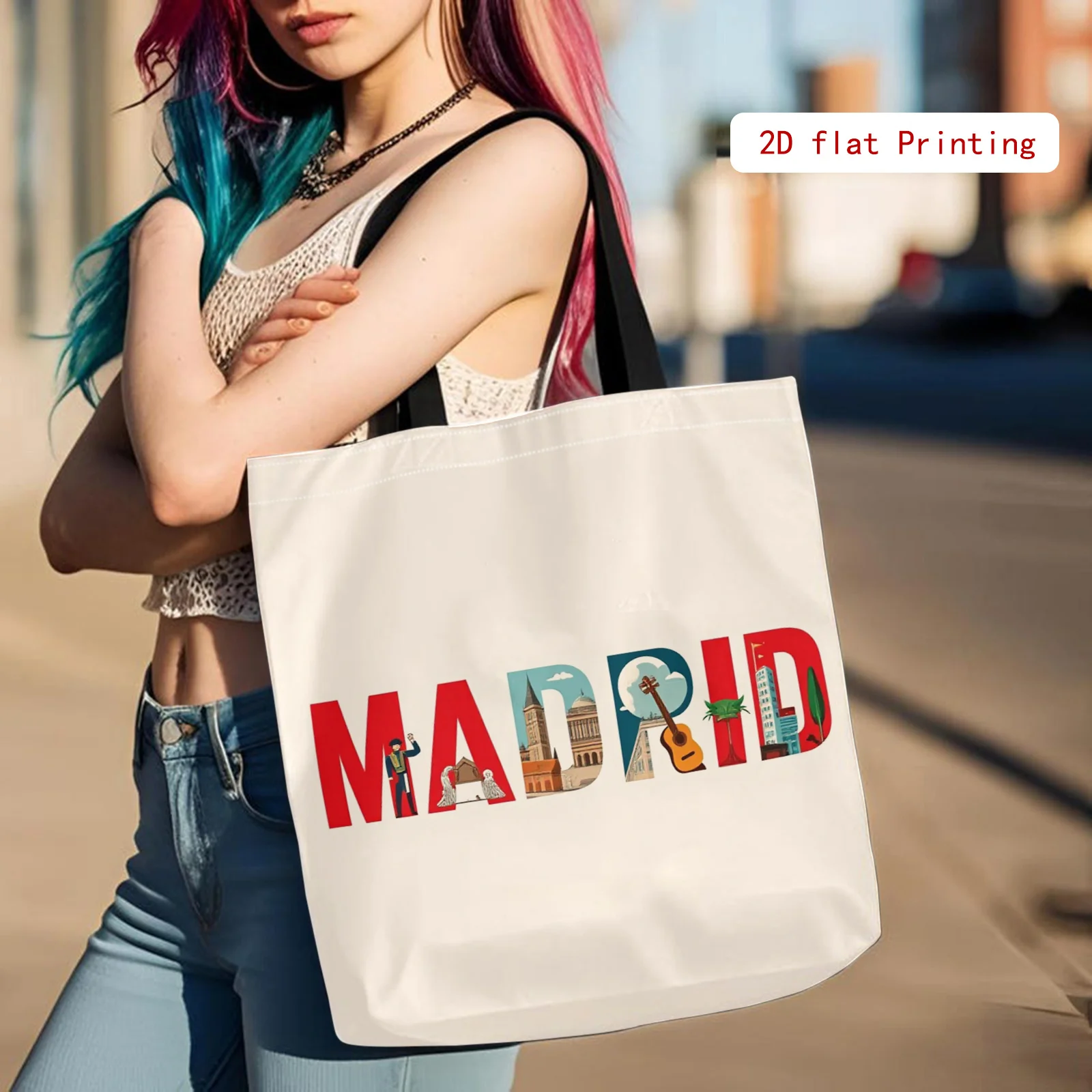 Spanish Cultural Tour, Madrid-Themed Large Capacity Shoulder Bag, Printed Handbag, Women's Tote Bag, Reusable, Suitable for Scho