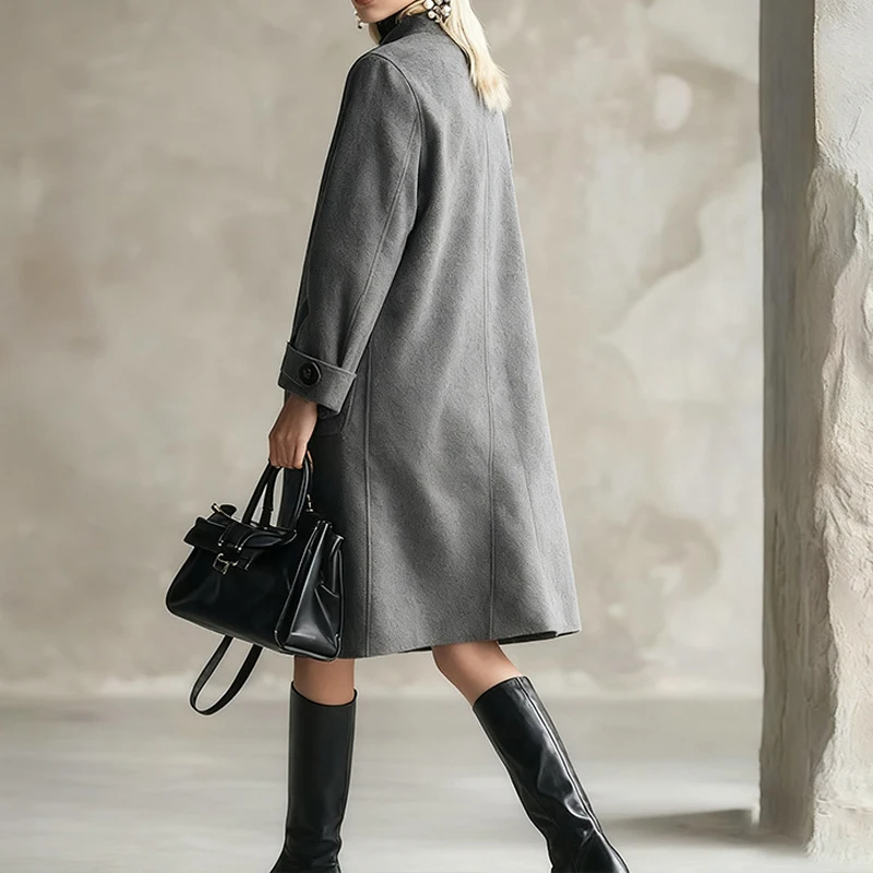 

Elegant Stand Collar Button Woolen Outercoat Casual Long Sleeve Solid Loose Midi Jacket Autumn Winter Women Fashion Fleece Coat