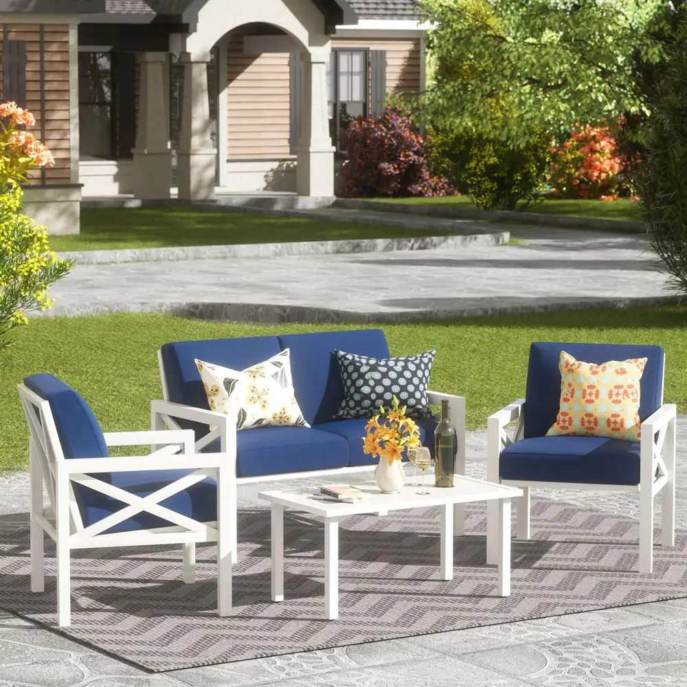 

Outdoor Patio Furniture 4 Pieces Set, Modern Patio Conversation Sets, Outdoor Sectional Metal Sofa with 5.5 Inch Cushion and Co