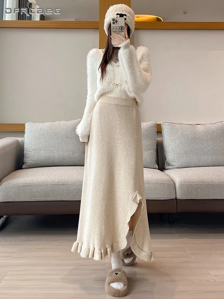 

Elastic Waist Warm Ruffles Patchwork Knitting Midi Skirt Woman Elegant Fashion Big Swing Winter Saias Longas Clothing
