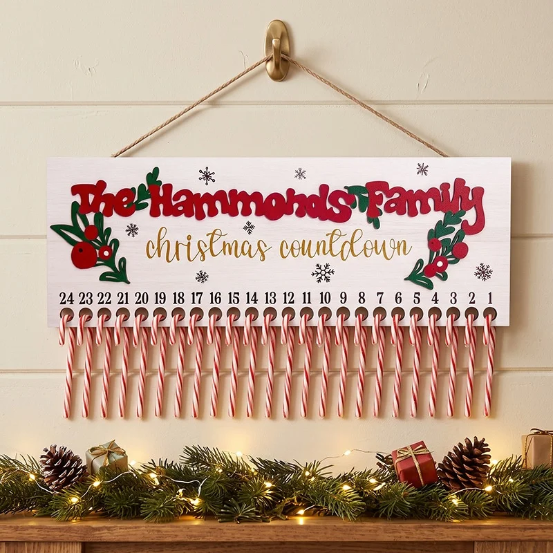 Christmas Wooden Calendar Board with 24pcs Candy Lollipop Stick Christmas Countdown Ornament Wall Hanging Decoration for Home