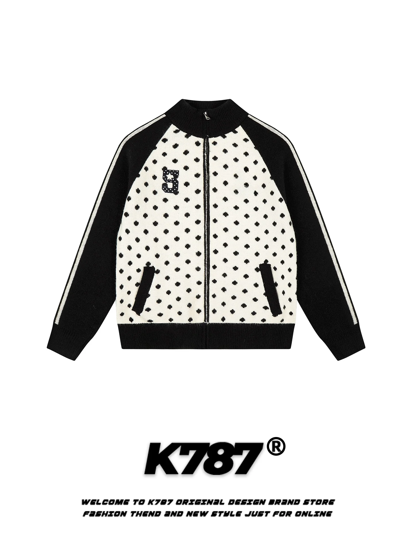 

Женский теплый кардиган K787 в американском ретро-стиле с воротником-стойкой, вязаный, в горошек, с цветовыми блоками, на молнии, с эффектом омоложения