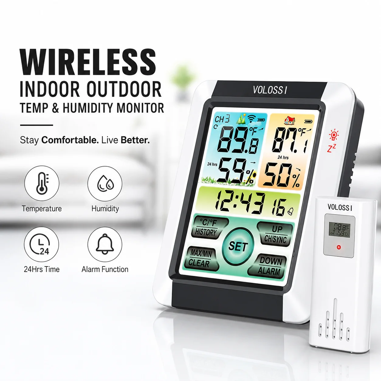 Wireless Indoor Outdoor Weather Station Digital Thermometer Hygrometer, 433MHz Remote Sensor, 328ft Range, Color LCD, Max/Min