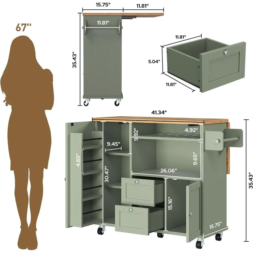 Rolling Kitchen Island with Storage Cabinet, 41.3'' Width Kitchen Cart with Desktop Drop Lea Countertop, Portable Mobile Island