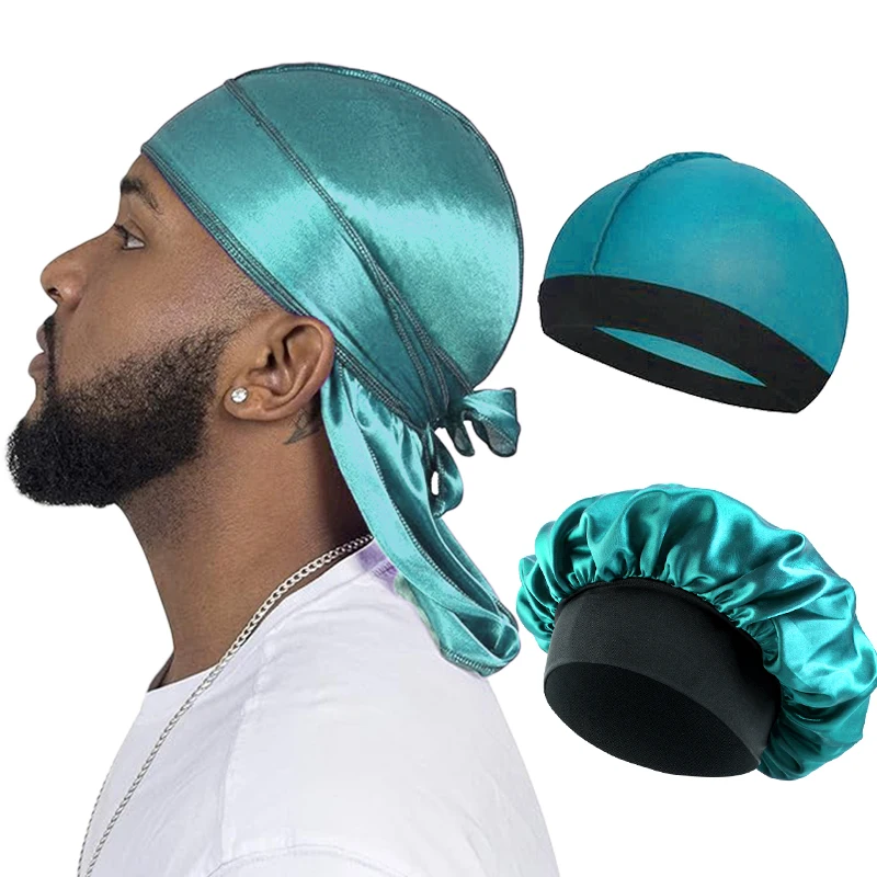 3 TEILE/LOS Frauen Männer Seidige Durag Lange Schwanz Piraten Hut Elastische Motorhaube Turban Dome Kappe Unisex Bandanas Schlafen Dusche Kappe Kopf wickeln – Detail 9