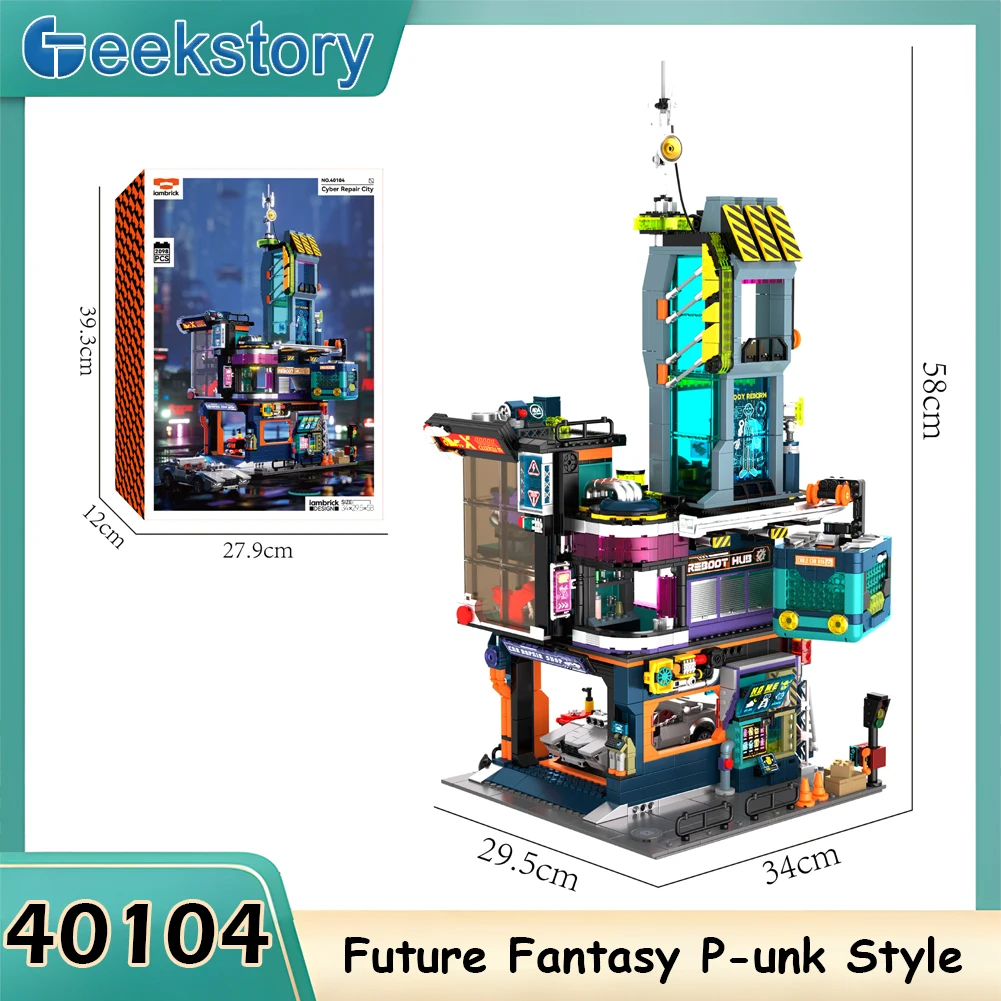 

2098 шт. 40104 C-yber Repair City Future Fantasy P-unk Style Sports Car Repair Workshop Модель в сборе Креативные игрушки Подарок для детей