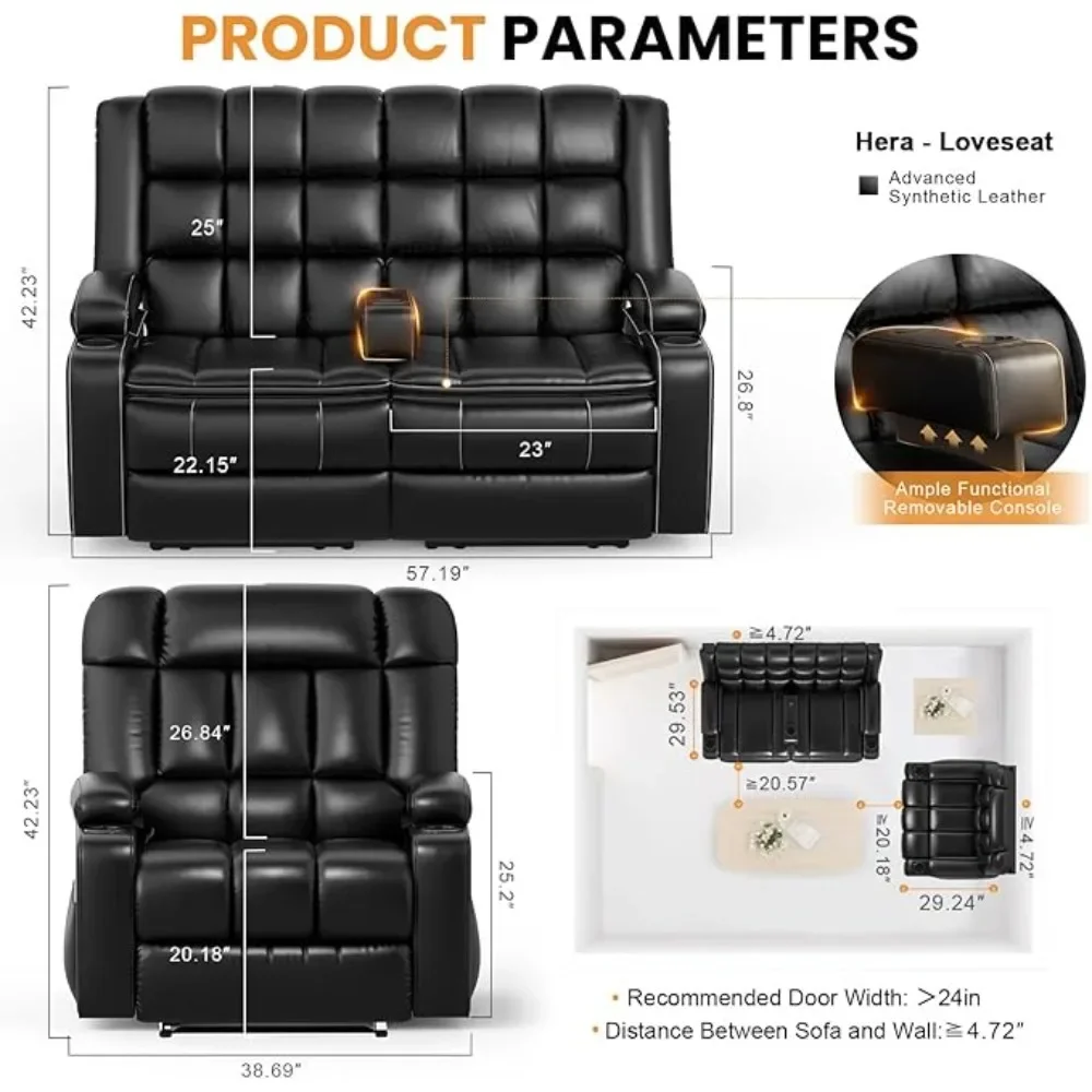 Recliner Sofa, Reclining Loveseat with Removable Console, RV Wall Hugger Double Recliner Couch, 2 Layer Cushion Seat Chair