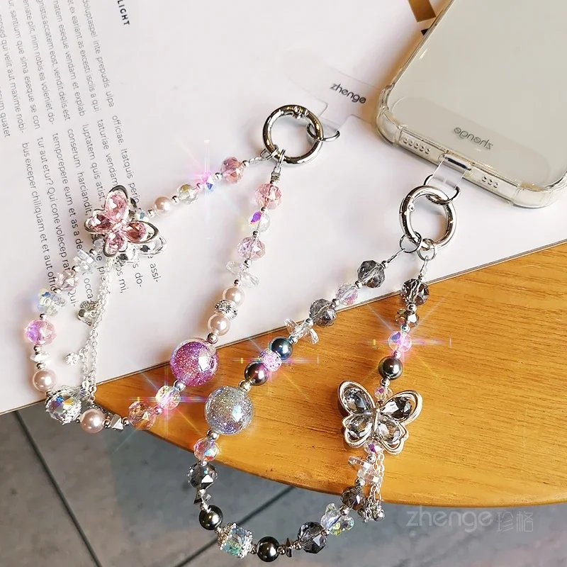 

Ремешок для мобильного телефона с хрустальными бусинами-бабочкой, женское украшение на запястье, подвесной чехол для мобильного телефона, универсальный портативный ремешок-цепочка